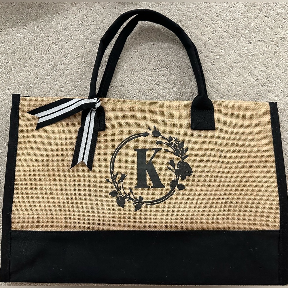 Monogrammed “K” Tote, Black and Tan, New